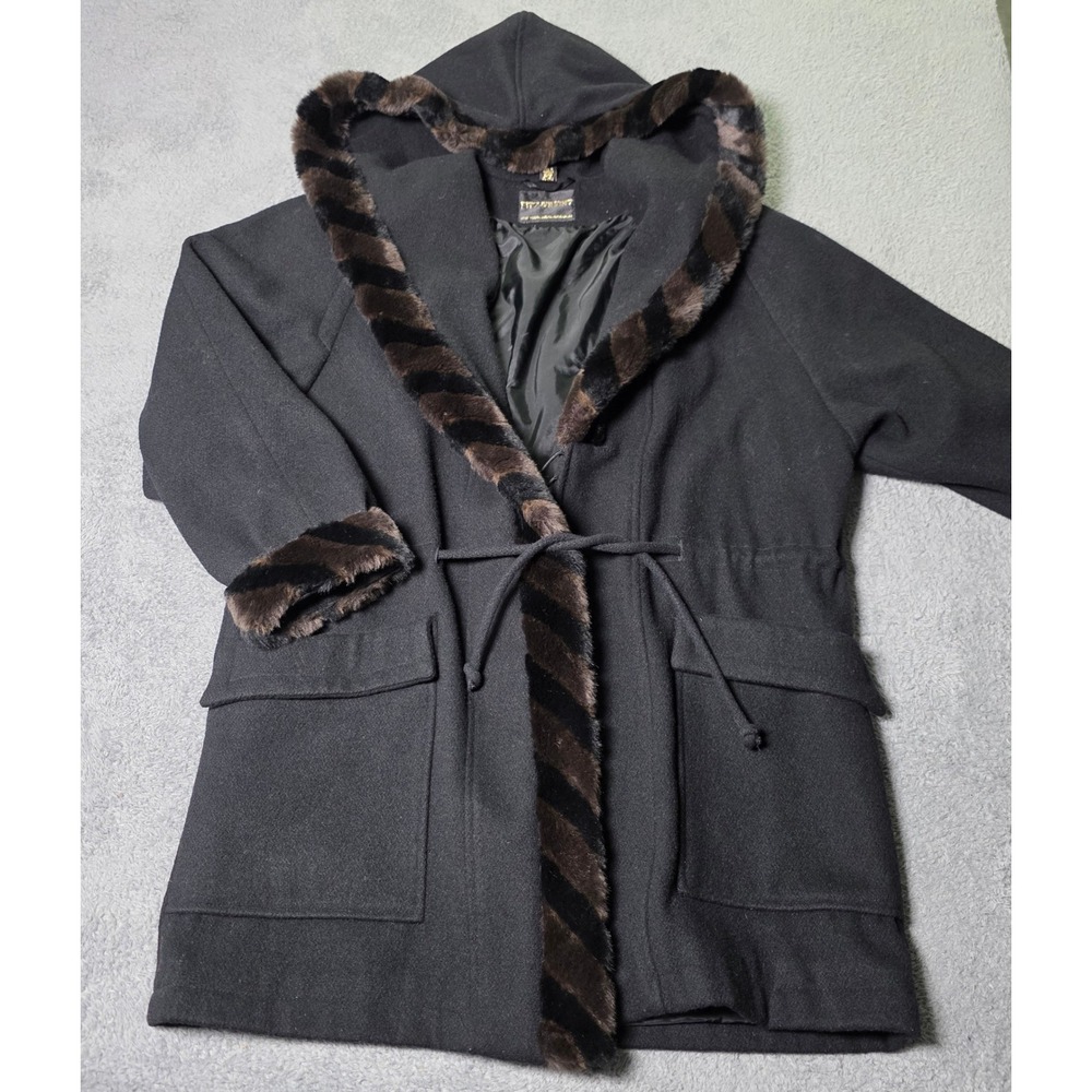 Fitz-Wright Womens 11/12 Parka Coat Black Faux Fur Trim Hooded Tie Waist